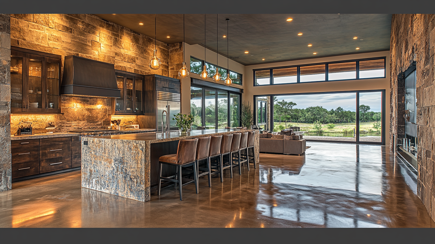 Photo of spacious kitchen with stone walls and island.