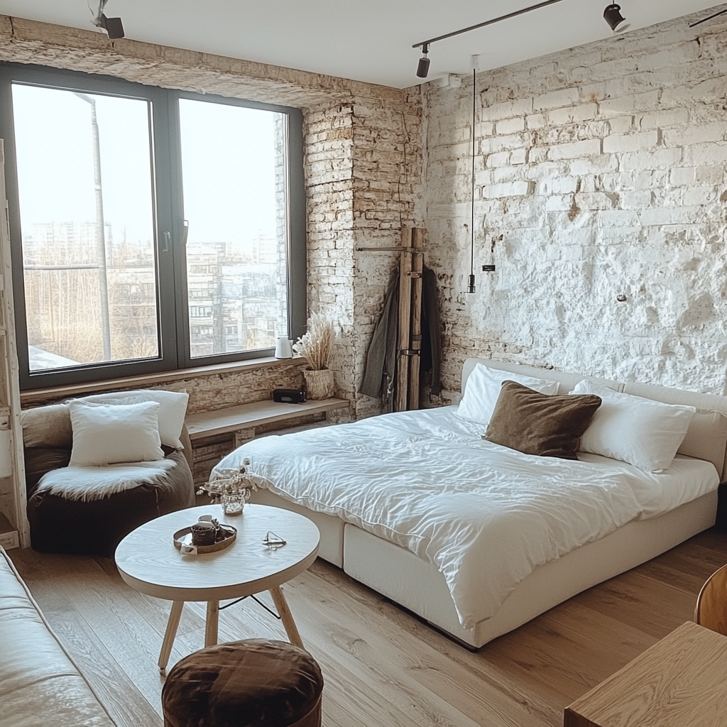 Photo of square room with bed, table, chairs.