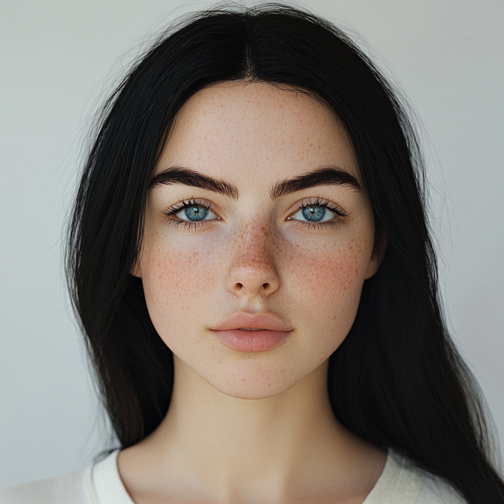 Photo of stunning woman with black hair and blue eyes.