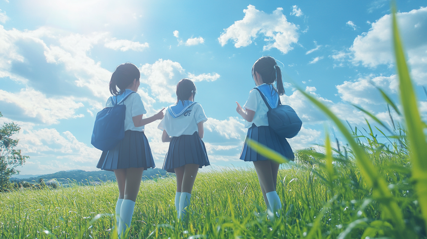 Photo of three Japanese high school girls outdoors.