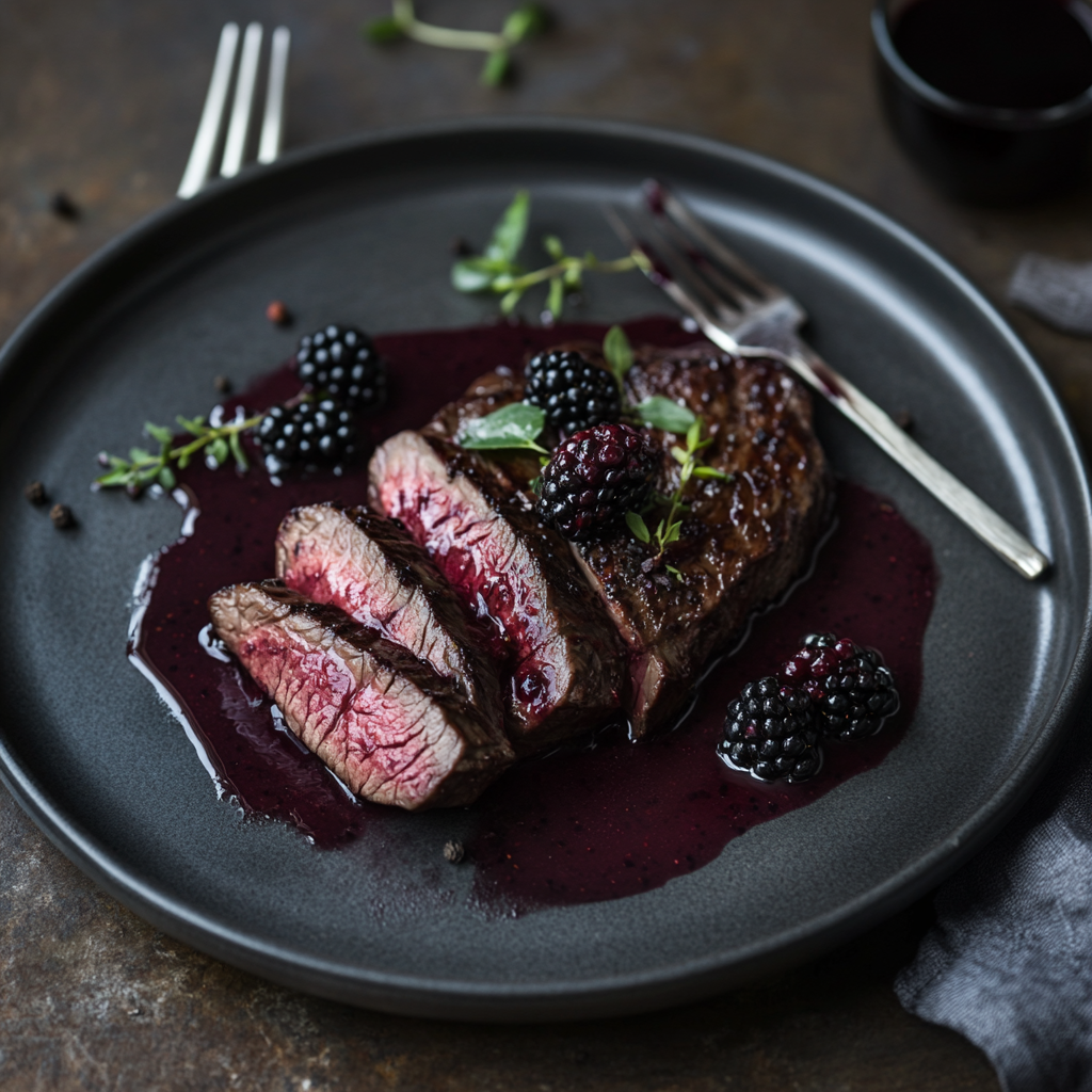 Photograph food with wild venison fillets, blackberry sauce.