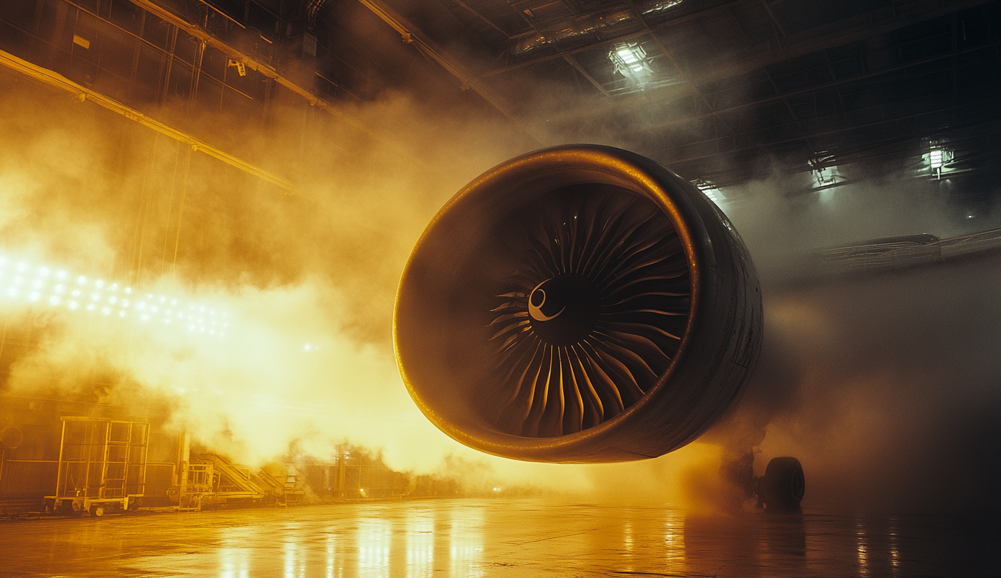 Photograph of 747 airplane turbine engine testing process.