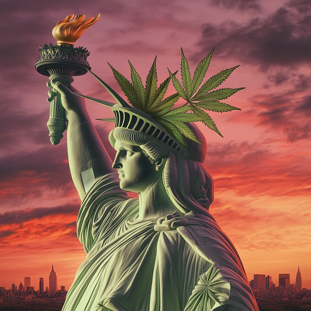 Photograph of Statue of Liberty with cannabis crown and torch.