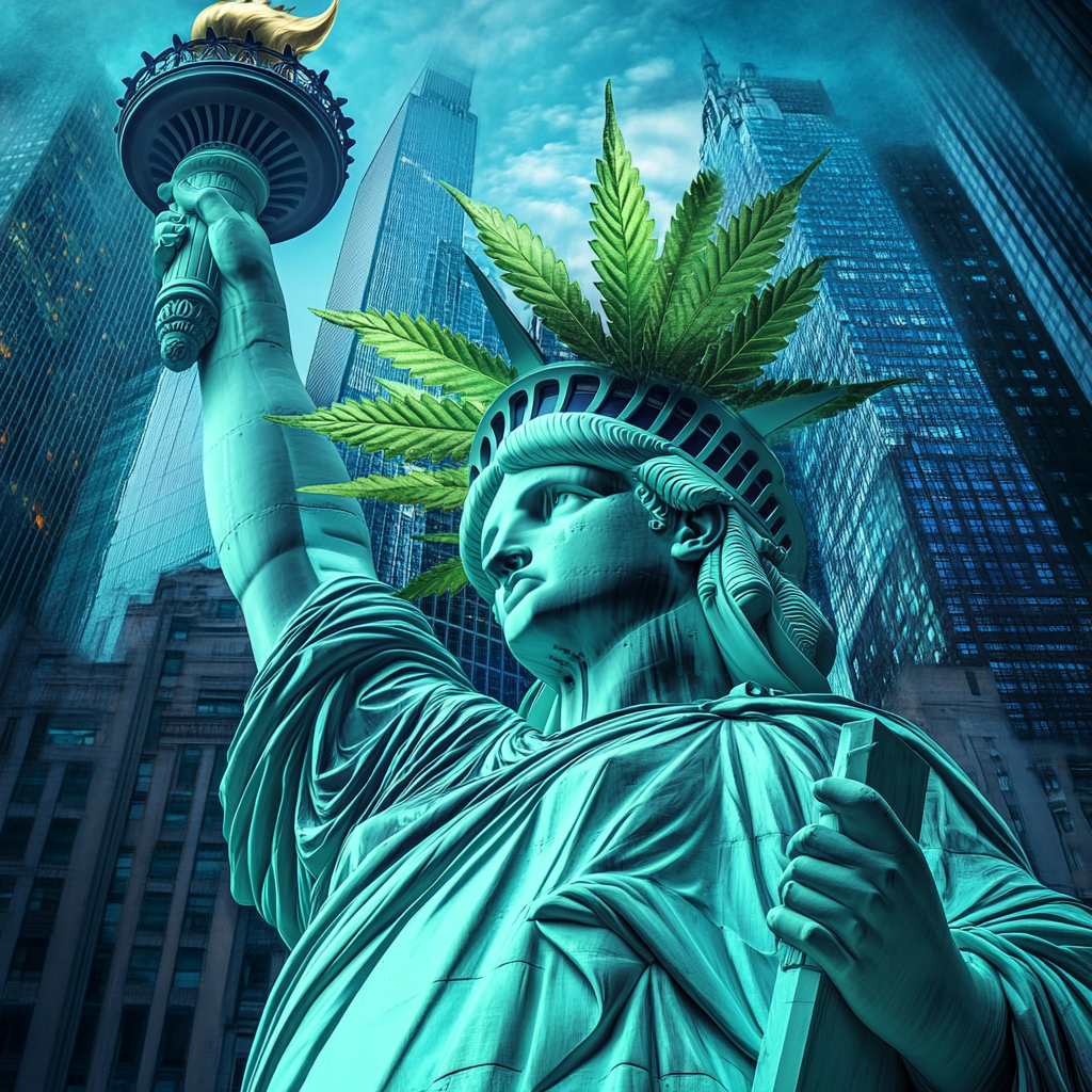 Photograph of Statue of Liberty with cannabis crown.