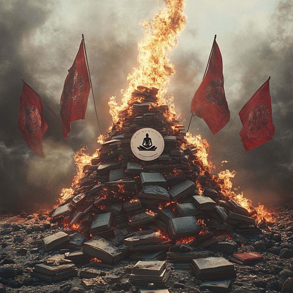 Photograph of burning books and Buddhist symbol flags.