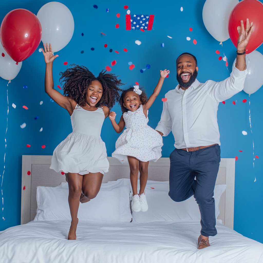 Photograph of happy African American family jumping on bed.