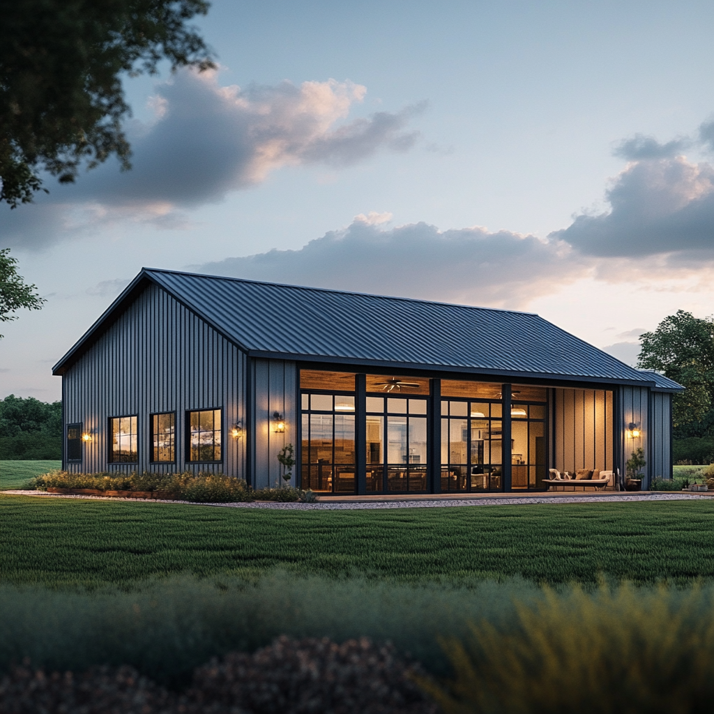 Photograph of inexpensive barndominium with metal roof and windows.