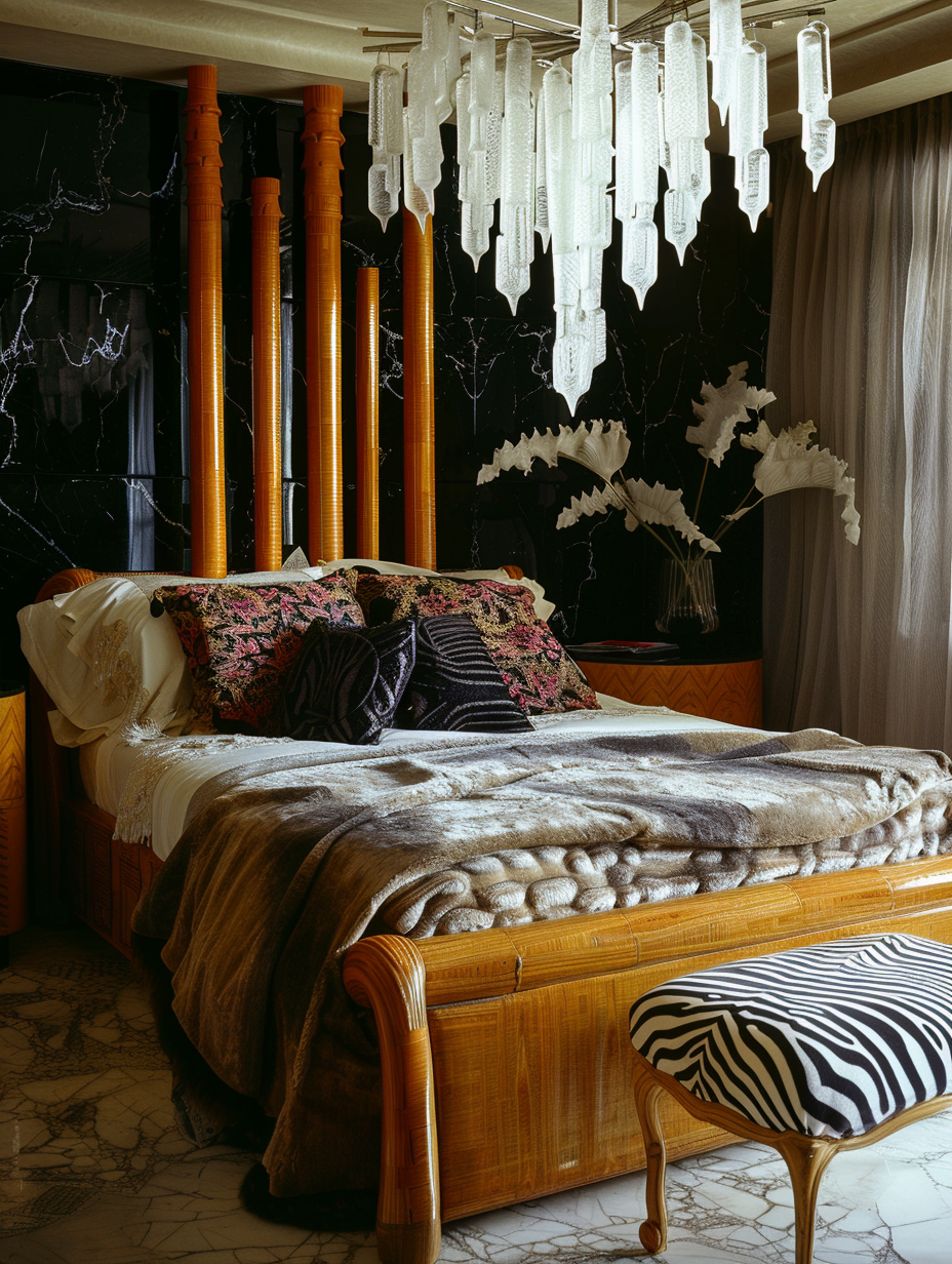 Photograph of opulent Art Deco bedroom with zebra print.