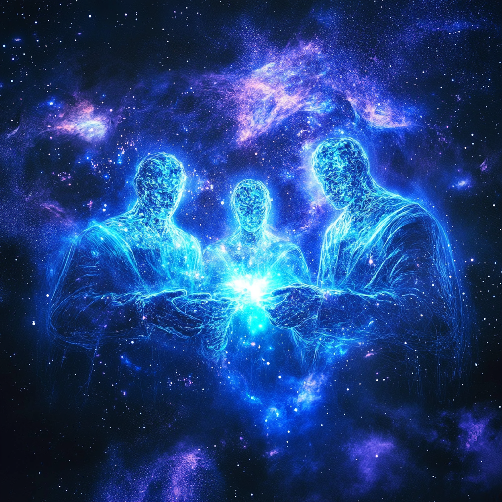 Photograph of three beings of light with blue and purple colors and glow.