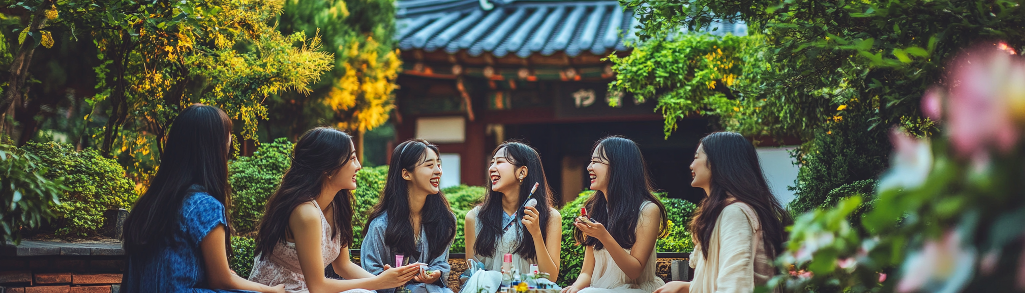 Photograph of young Korean women in historic garden.