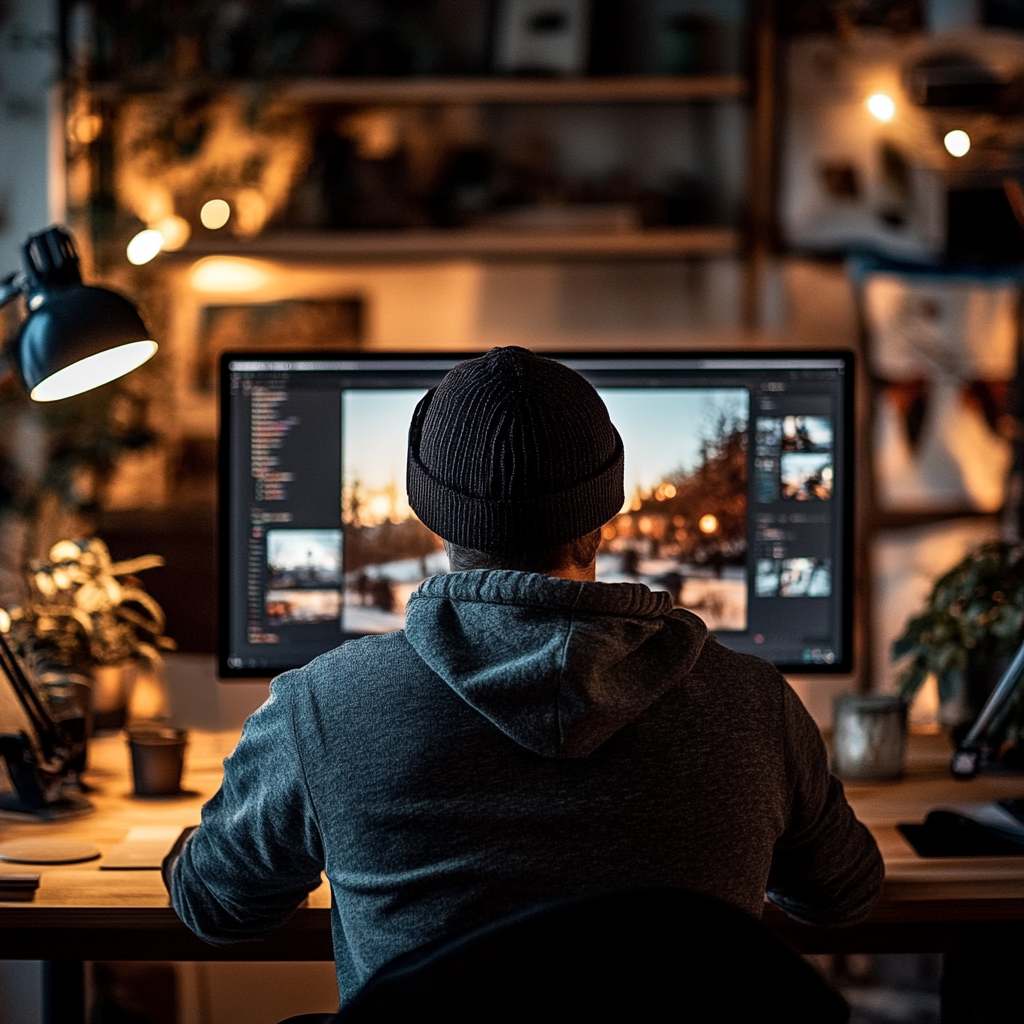 Photographer sits at desk editing photo on computer.