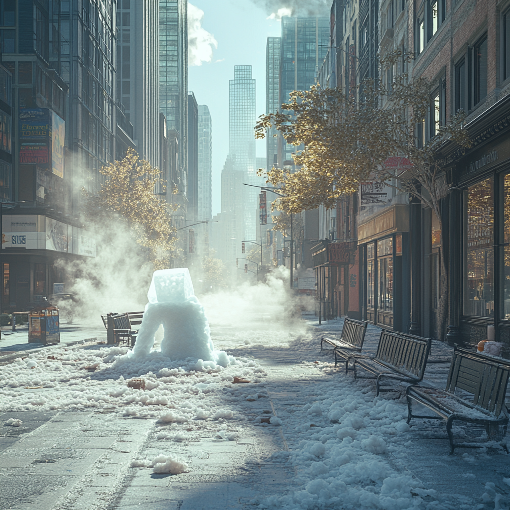 Photographers capturing giant ice man melting in city street.