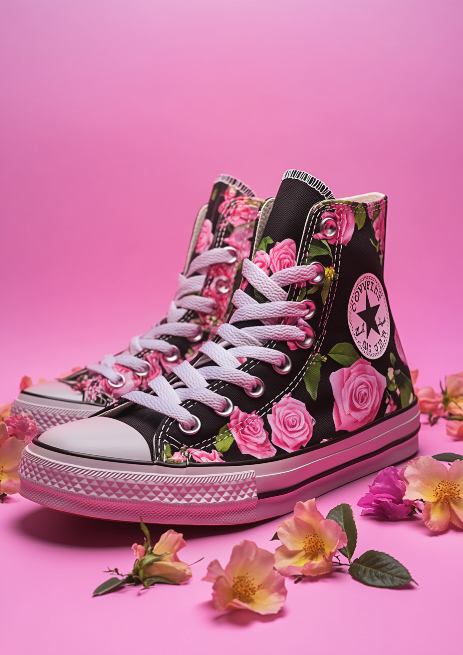 Photography of Converse shoes with rose design, pink background.