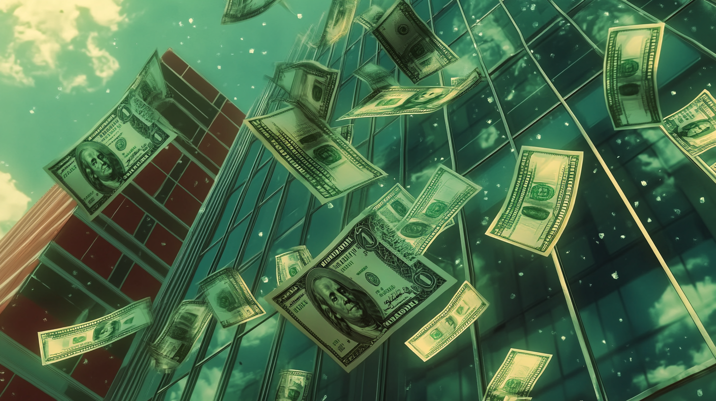 Photorealistic $100 Bills in Air, Glass Building Background