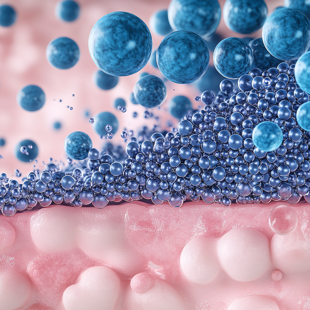 Photorealistic 5-layer hyaluronic acid diagram with spheres representing molecules.