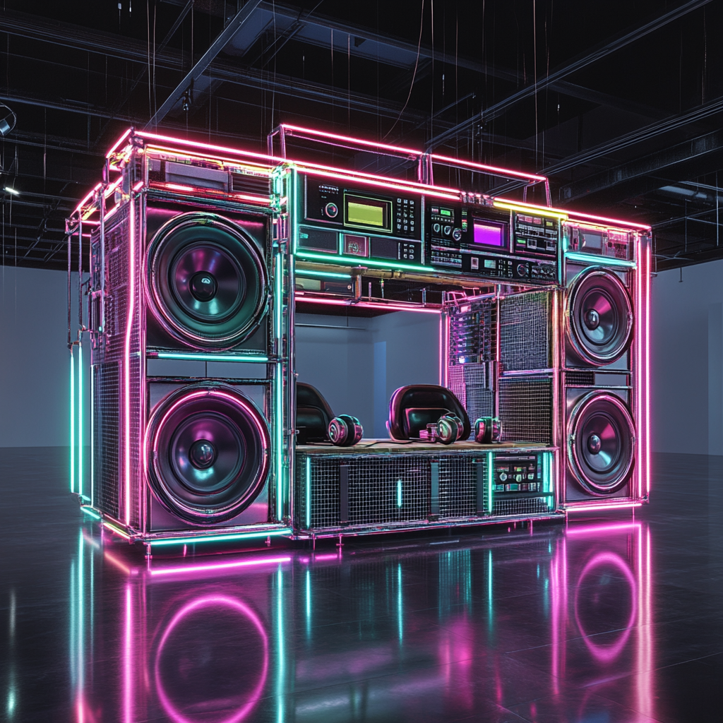 Photorealistic Boombox Studio Installation in Modern Indoor Space