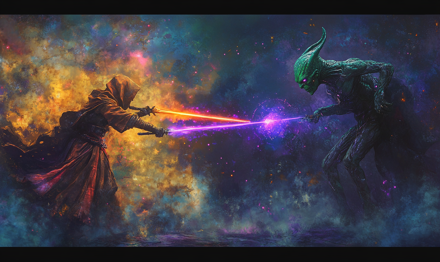 Photorealistic Duel: Adventurer vs Alien with Laser Swords