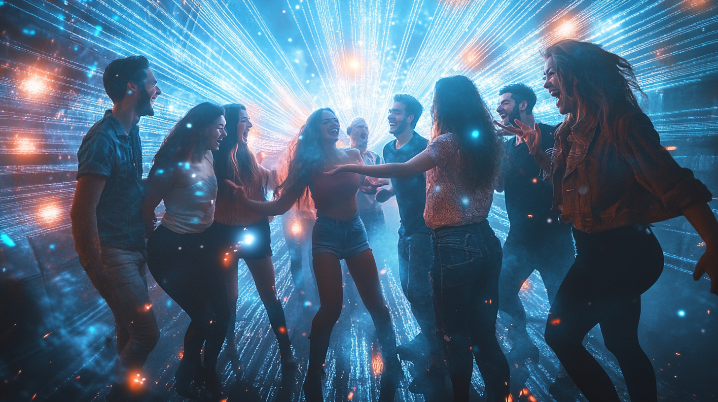 Photorealistic Image: Group of Mixed Friends Immersed in Light Beams