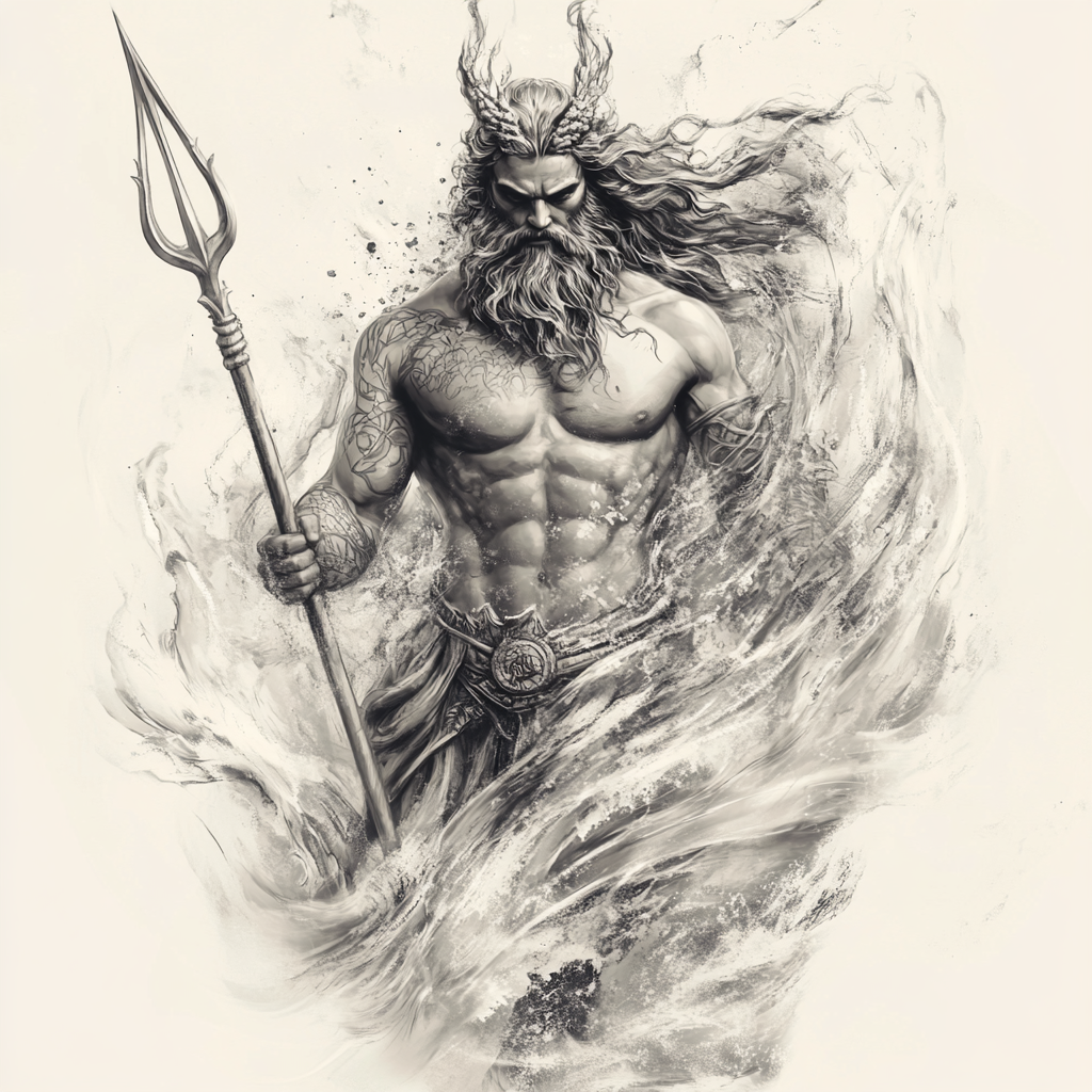 Photorealistic Poseidon Tattoo Design in Battle Pose