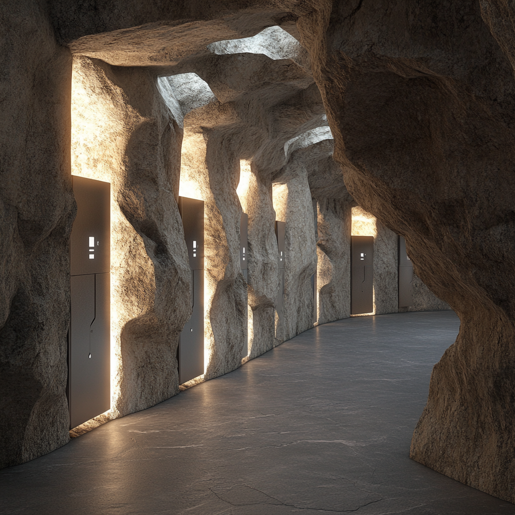 Photorealistic RFID lockers in artificial rock with technology integration.