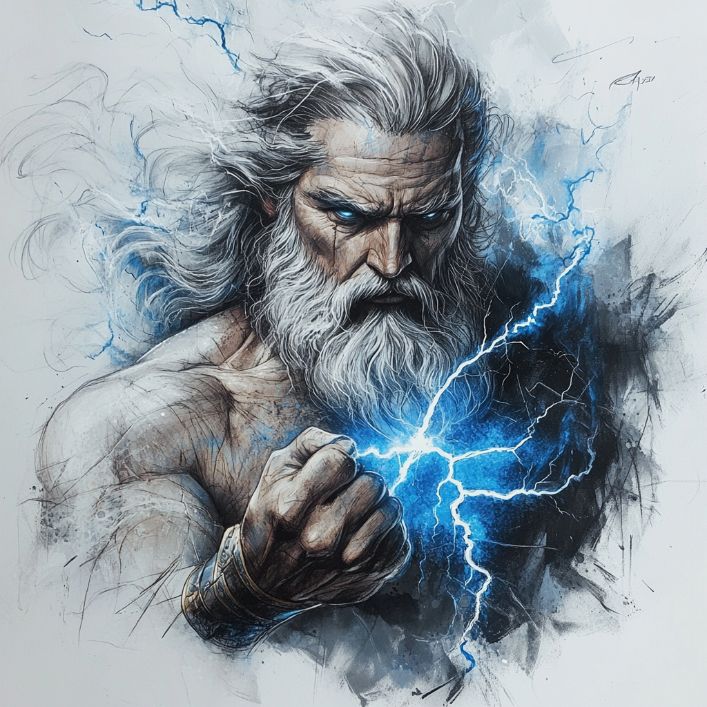 Photorealistic Zeus Tattoo Design with Lightning Bolt in Hand