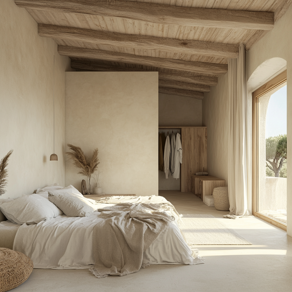 Photorealistic bedroom in modern villa with cream resin walls