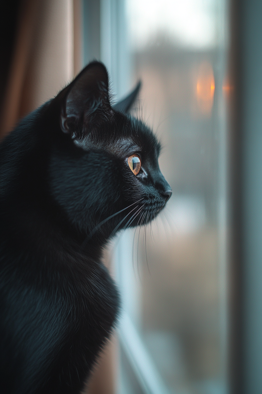 Photorealistic elegant side view of a black cat.