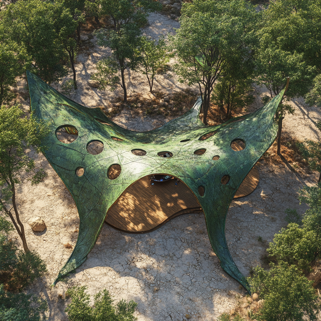 Photorealistic flat leaf-shaped festival shade in woods, 8m high.