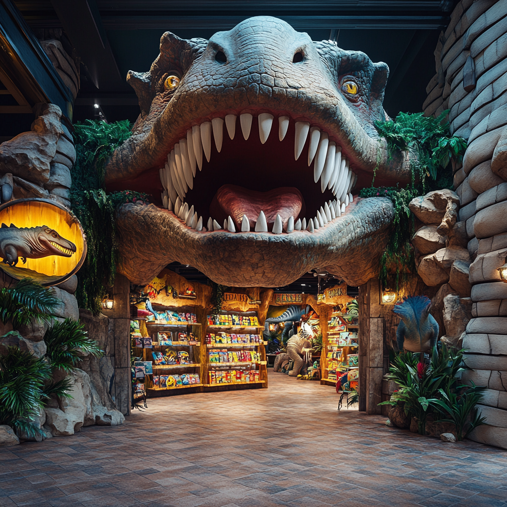 Photorealistic front of dinosaur-themed souvenir shop with merchandise.