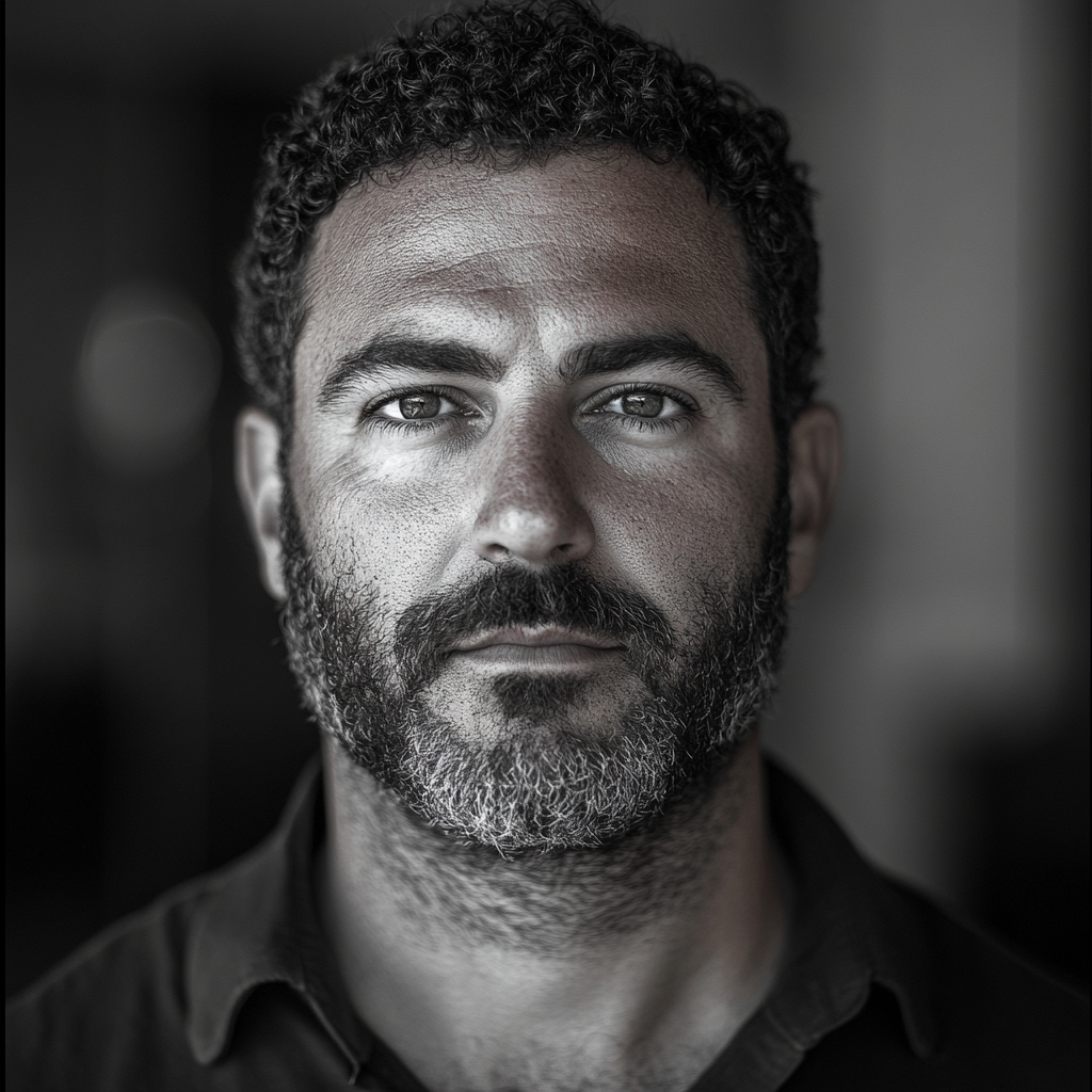 Photorealistic headshot of Mediterranean man, soft focus, modern office.