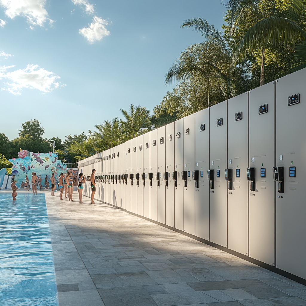 Photorealistic image of RFID lockers in waterpark scene.