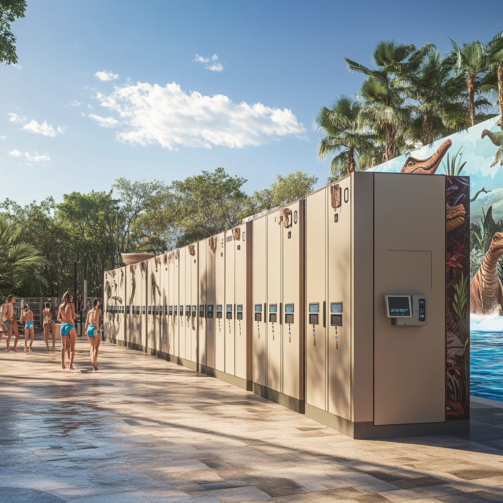 Photorealistic image of RFID lockers in waterpark setting.