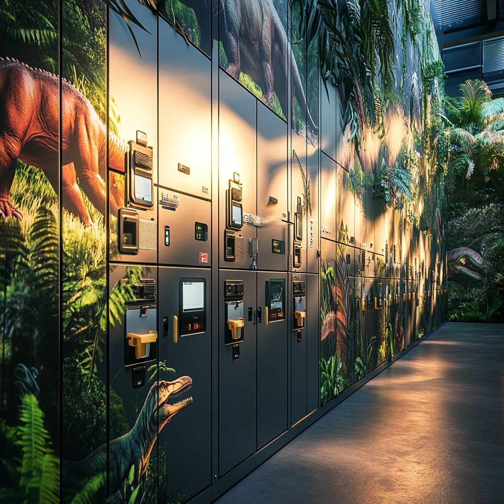 Photorealistic image of RFID lockers on wall with murals.