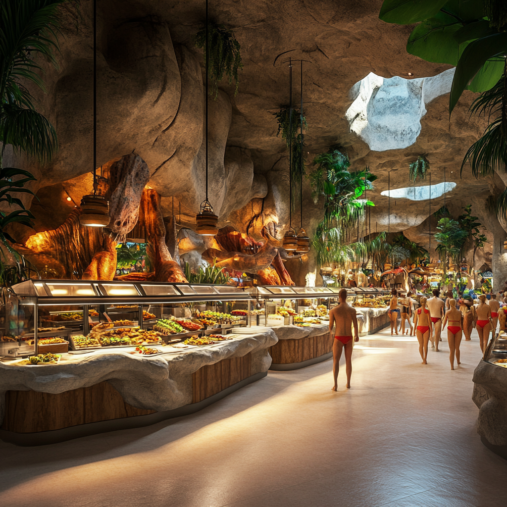 Photorealistic image of dinosaur-themed food hall with people.