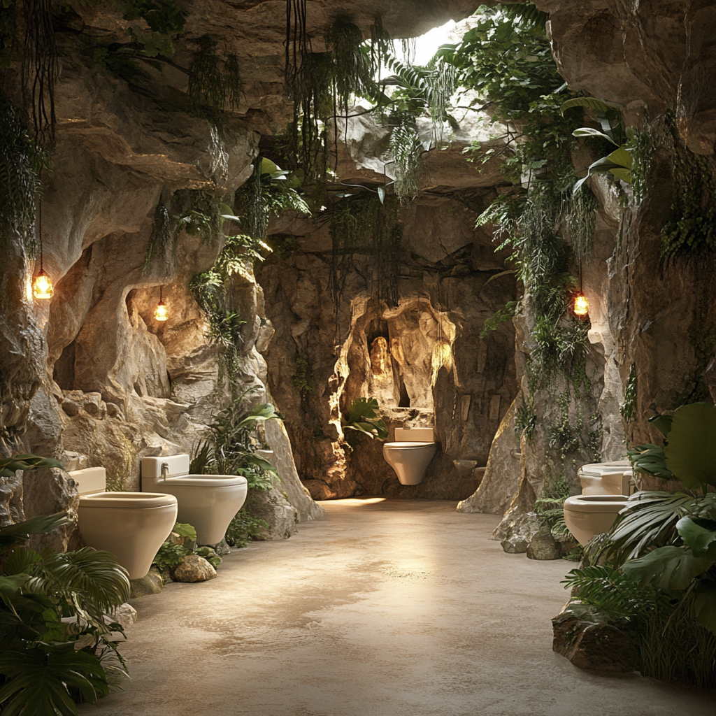 Photorealistic image of dinosaur-themed public toilets in waterpark.