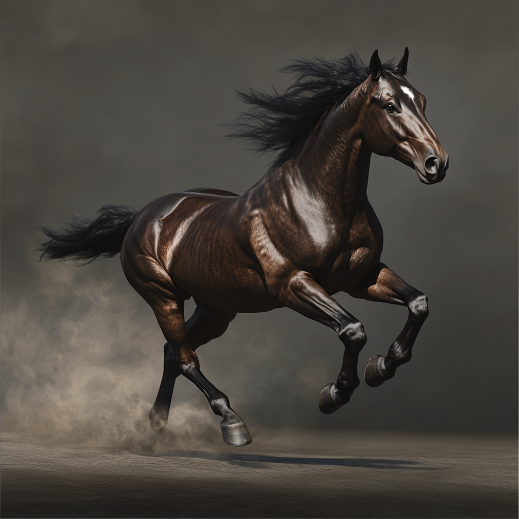 Photorealistic image of horse running from left to right.