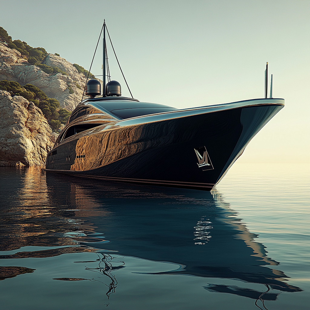 Photorealistic image of modern yacht moored in Greek island