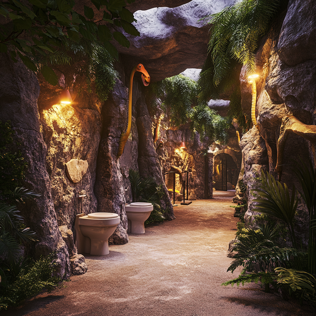 Photorealistic image of themed public toilets in waterpark.