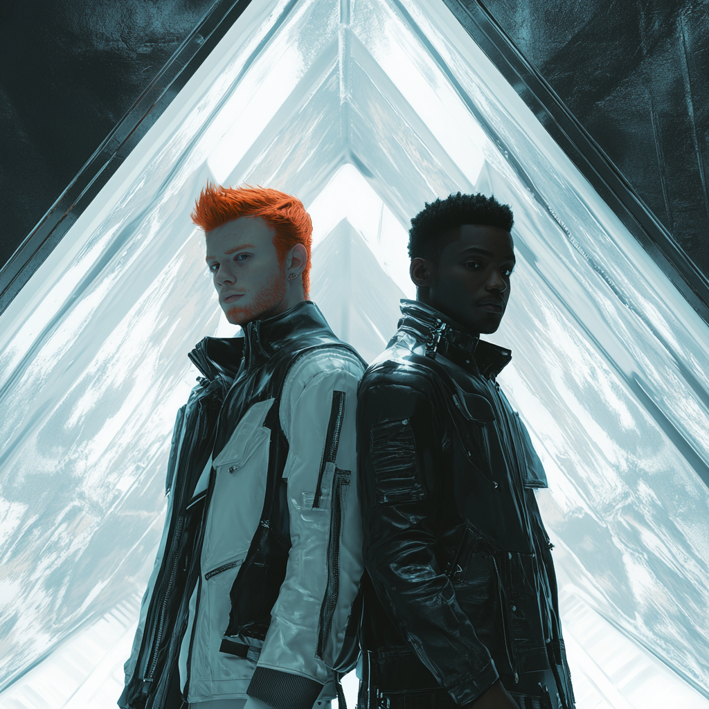 Photorealistic image of two men in futuristic clothes in tetrahedron