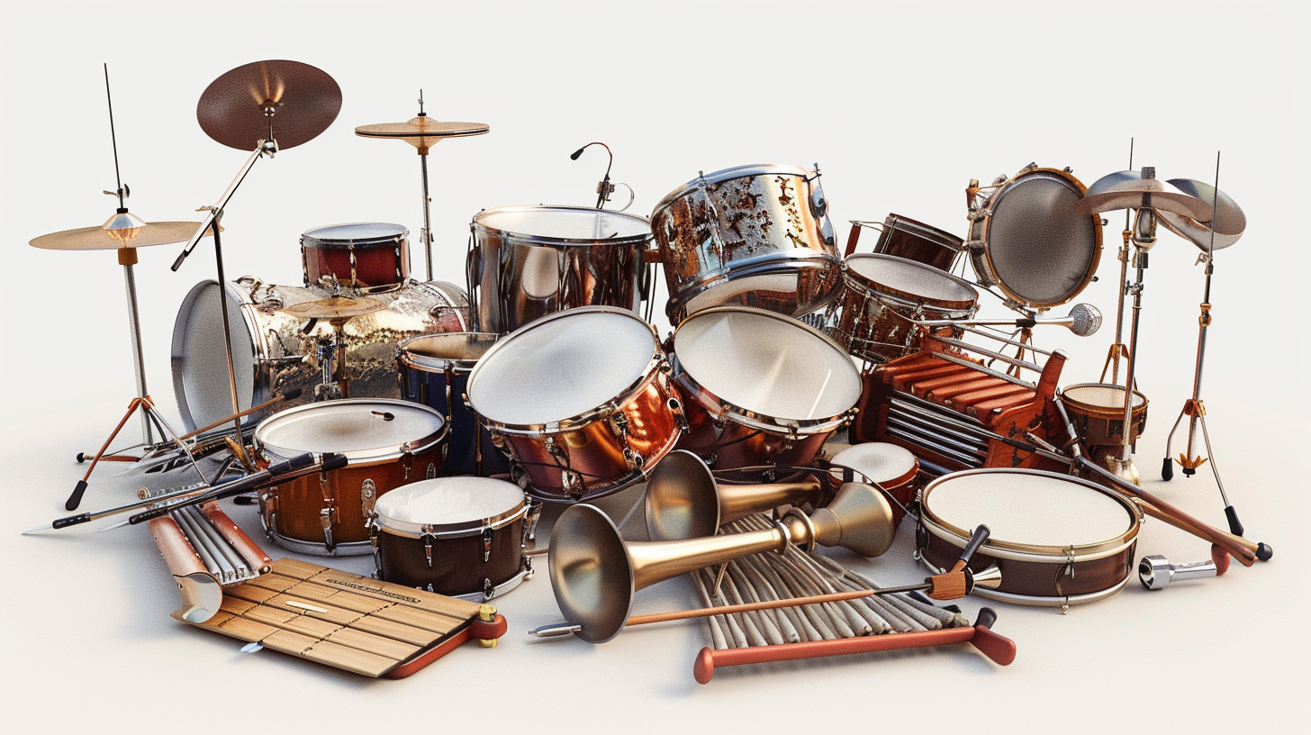 Photorealistic image of various percussion instruments on white background.