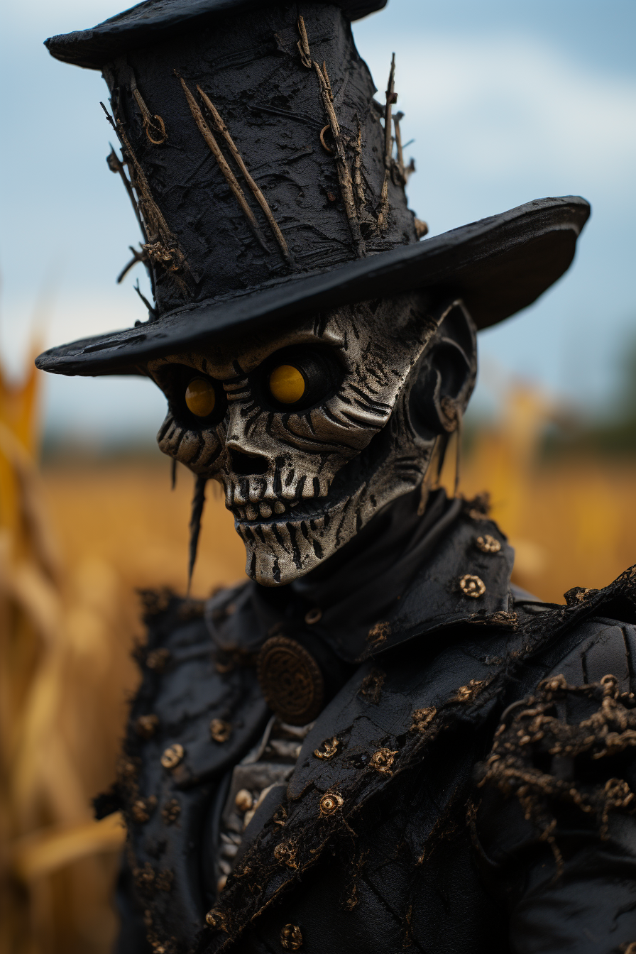 Photorealistic image shows scarecrow doll in a cornfield.