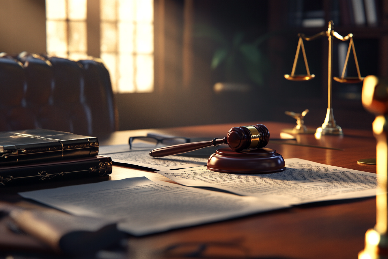 Photorealistic legal scene with judge's gavel and pen.