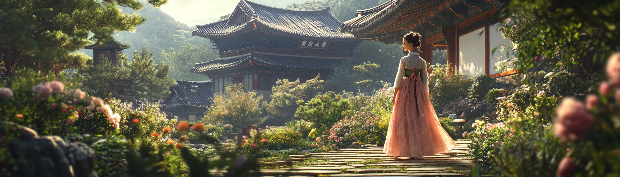 Photorealistic photo of woman in modern attire in historical garden.