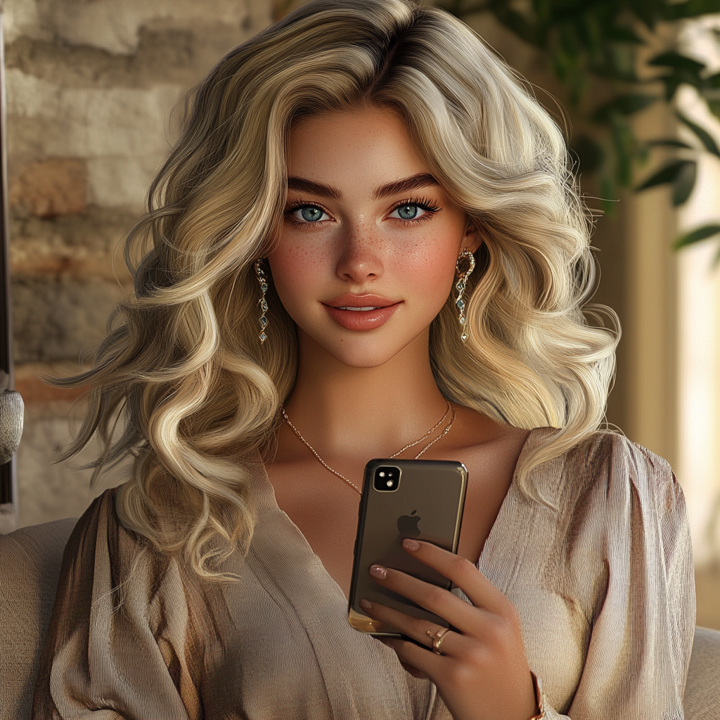 Photorealistic portrait of blonde influencer with trendy outfit.