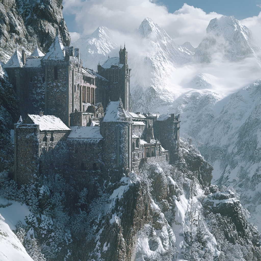 Photorealistic snowy mountainscape with Mediaeval stoney castle towns.