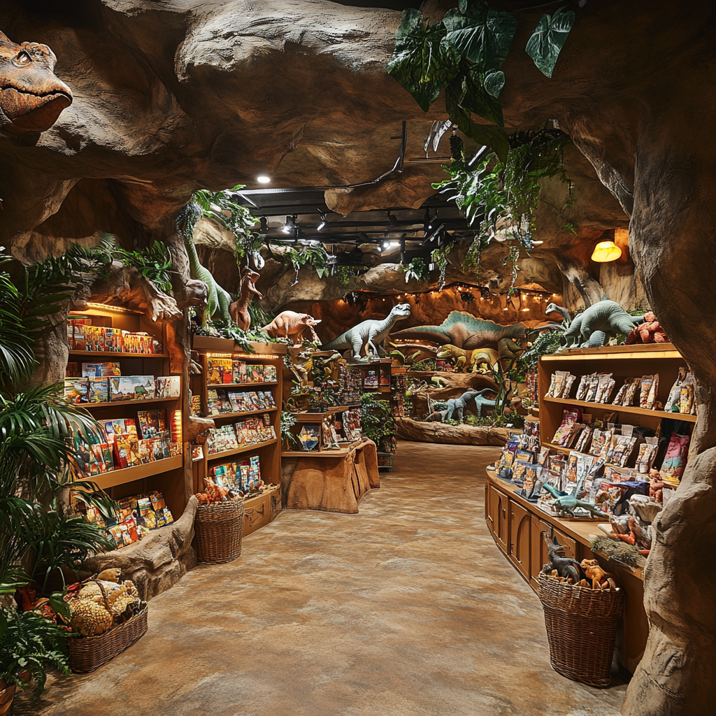 Photorealistic souvenir shop in dinosaur-themed waterpark with merchandise.