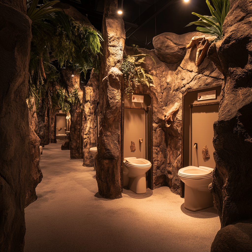 Photorealistic themed public toilets in dinosaur waterpark setting.