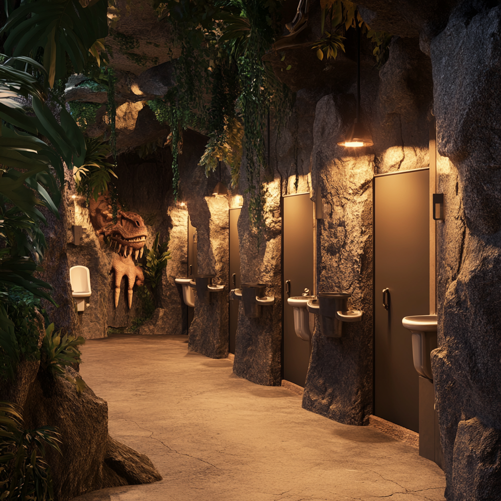 Photorealistic themed toilets in dinosaur waterpark with ambient lighting.