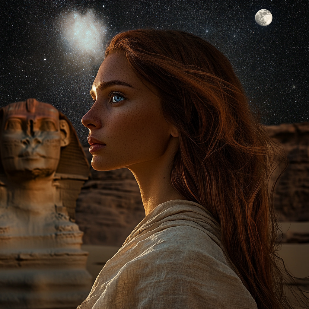 Photorealistic woman in linen at sandstone sphinx night desert 