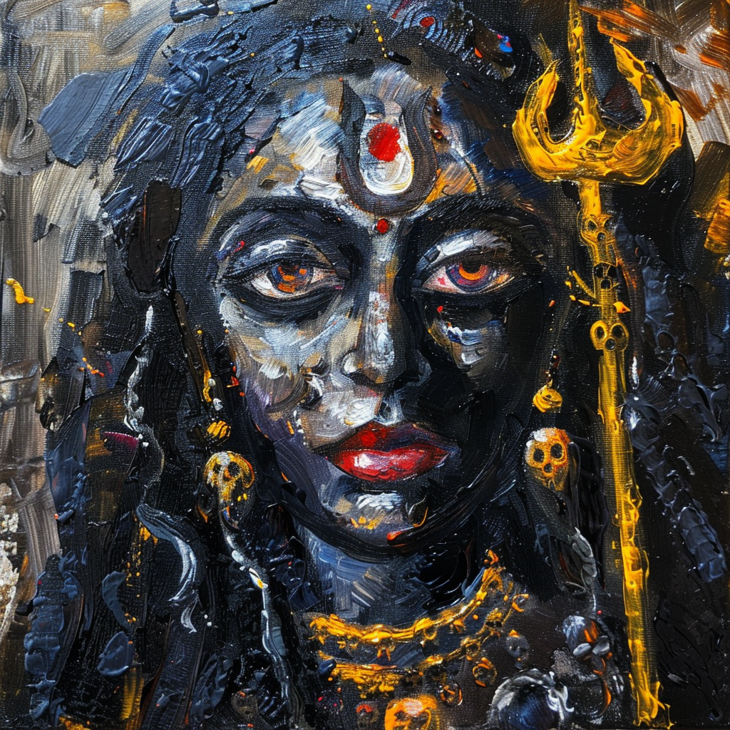 Picasso style oil painting of proud smiling goddess Kali.